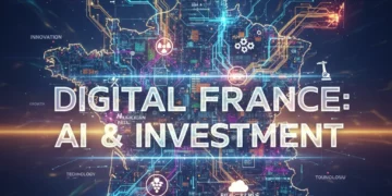 Carte stylisée de la France avec des réseaux neuronaux lumineux, symbolisant l'impact de l'IA générative sur les secteurs clés et les opportunités d'investissement d'ici 2027.