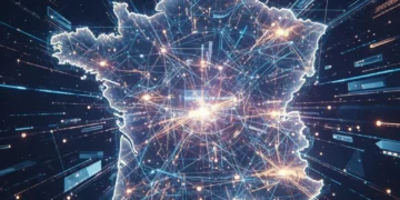 Illustration futuriste de l'IA générative impactant l'innovation produit en France.