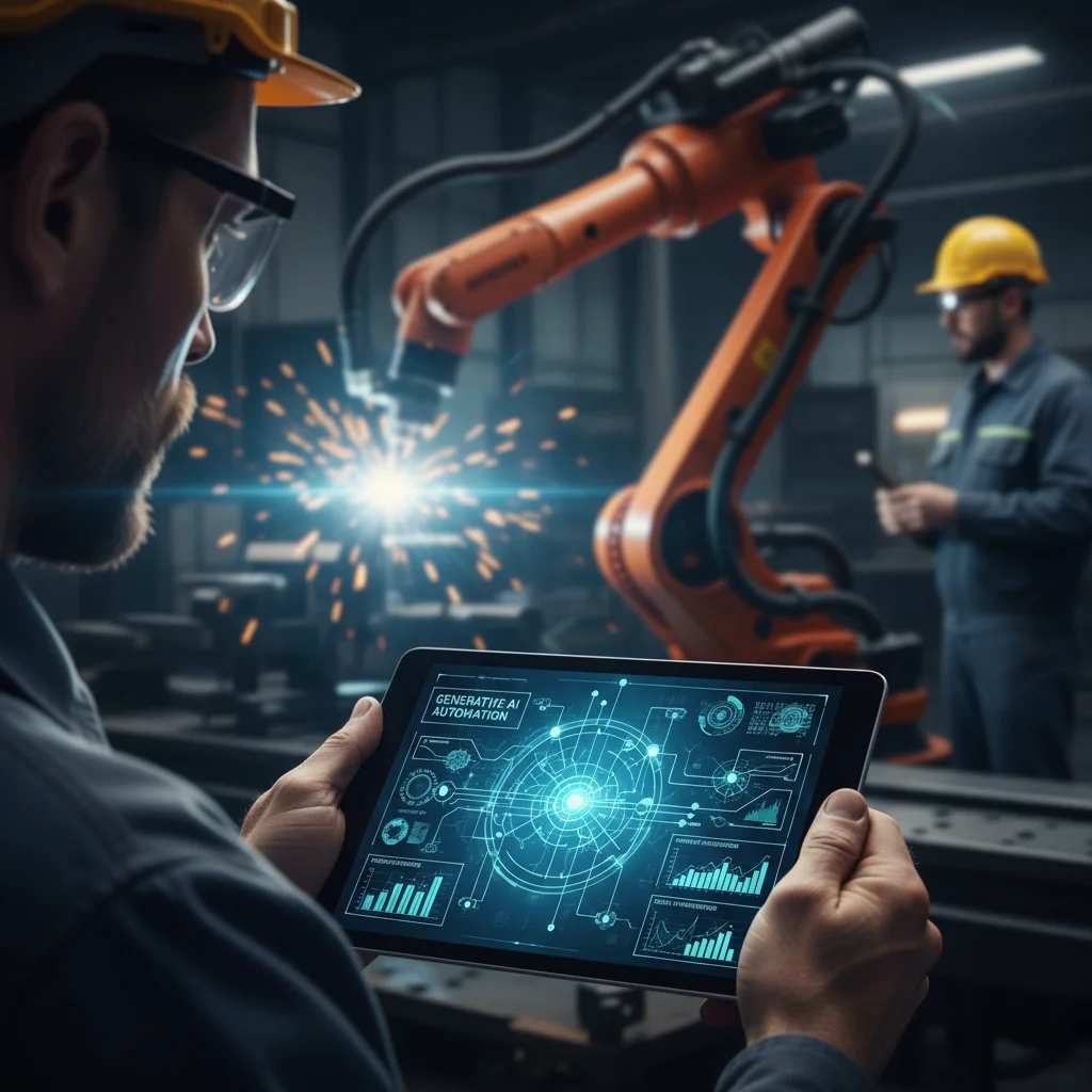 Interface d'IA générative affichant des algorithmes complexes, avec un ouvrier observant un robot industriel.