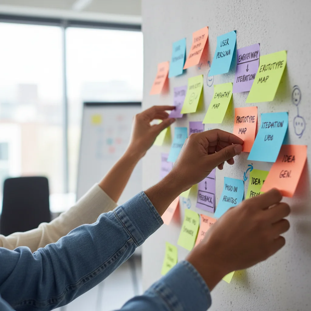 Mains organisant des post-it colorés lors d'une séance d'idéation en pensée design.