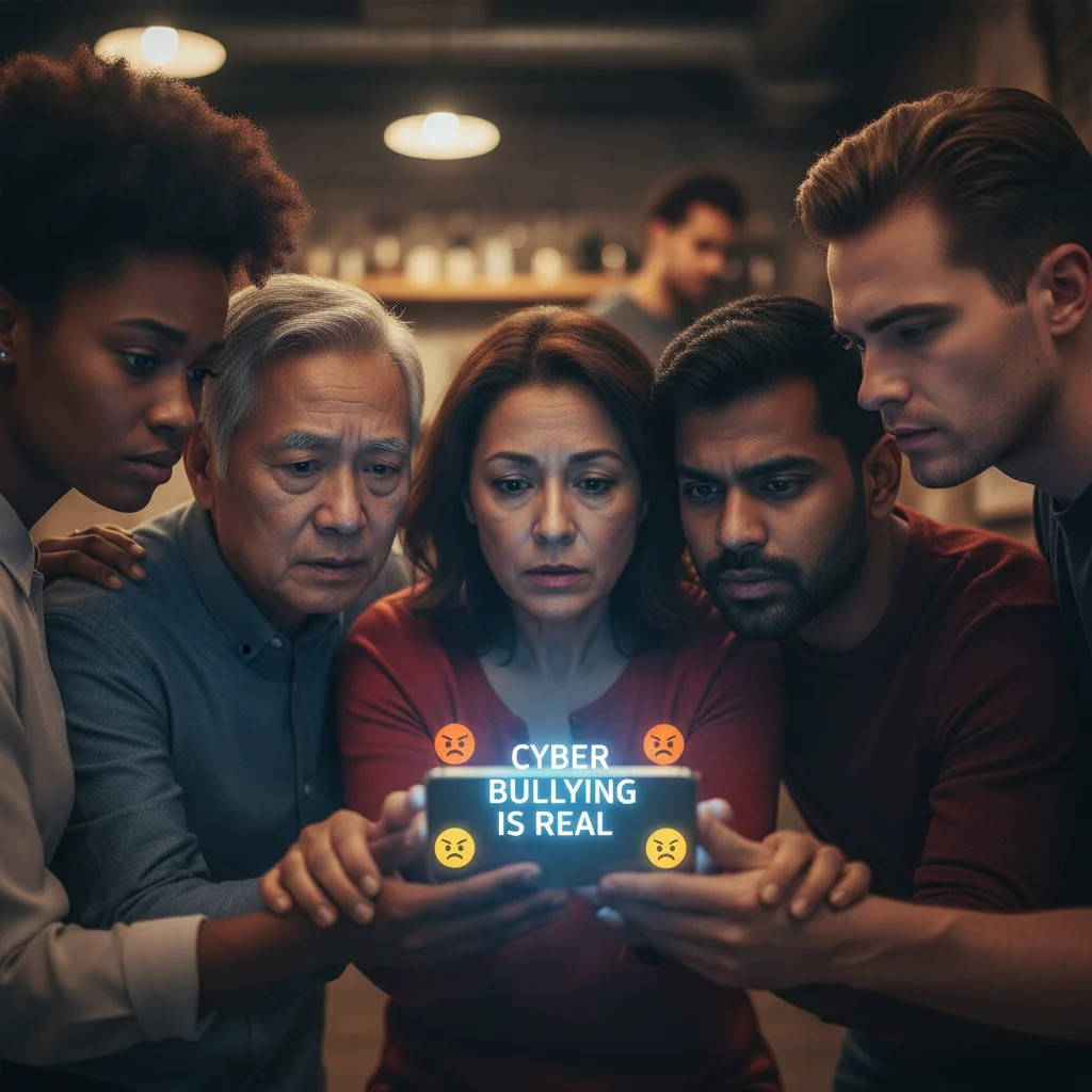 Personnes diverses consultant un smartphone avec des expressions préoccupées, symbolisant l'impact du cyberharcèlement et la solidarité nécessaire.