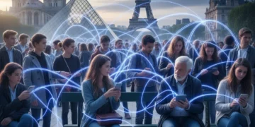 Illustration de l'impact des plateformes numériques sur les relations sociales en France, avec des individus de tous âges interagissant via des écrans et en personne, symbolisant le lien social digitalisé.