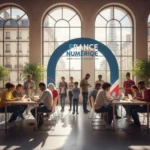 Groupe diversifié de personnes utilisant des appareils numériques dans un espace public moderne en France, symbolisant l'inclusion numérique.