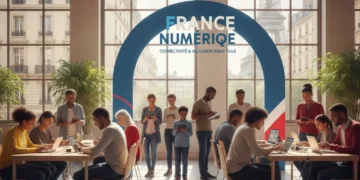 Groupe diversifié de personnes utilisant des appareils numériques dans un espace public moderne en France, symbolisant l'inclusion numérique.