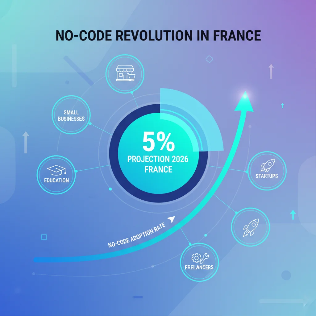 Infographie montrant la croissance de l'adoption du no-code en France, avec une projection de 5% pour 2026.