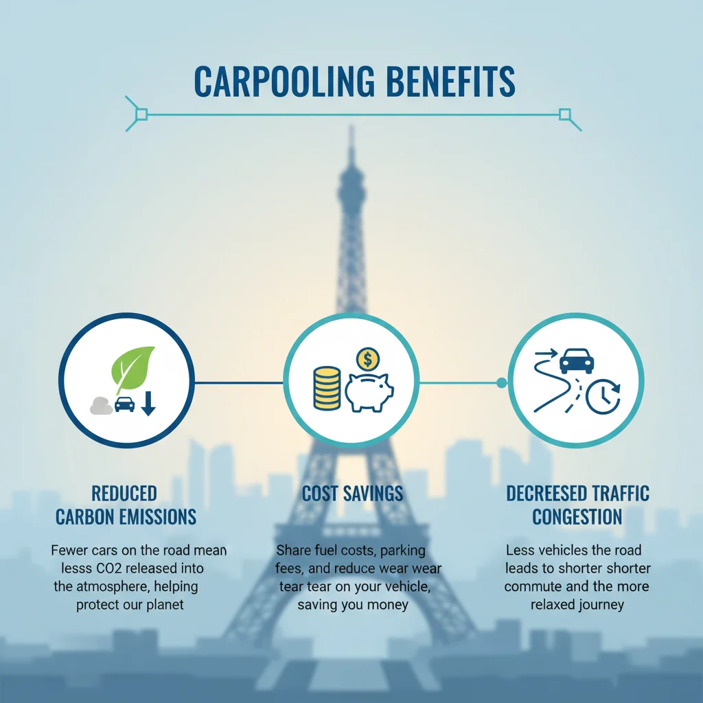 Infographie détaillée illustrant les bénéfices environnementaux et économiques du covoiturage à Paris.