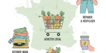 Infographie des 5 habitudes de consommation responsable en France pour réduire l'empreinte carbone