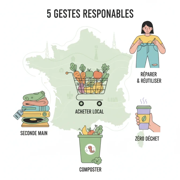 Infographie des 5 habitudes de consommation responsable en France pour réduire l'empreinte carbone