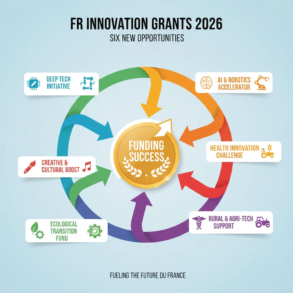 Infographie des six nouvelles opportunités de subventions pour l'innovation en France en 2026, avec des flèches pointant vers le succès.