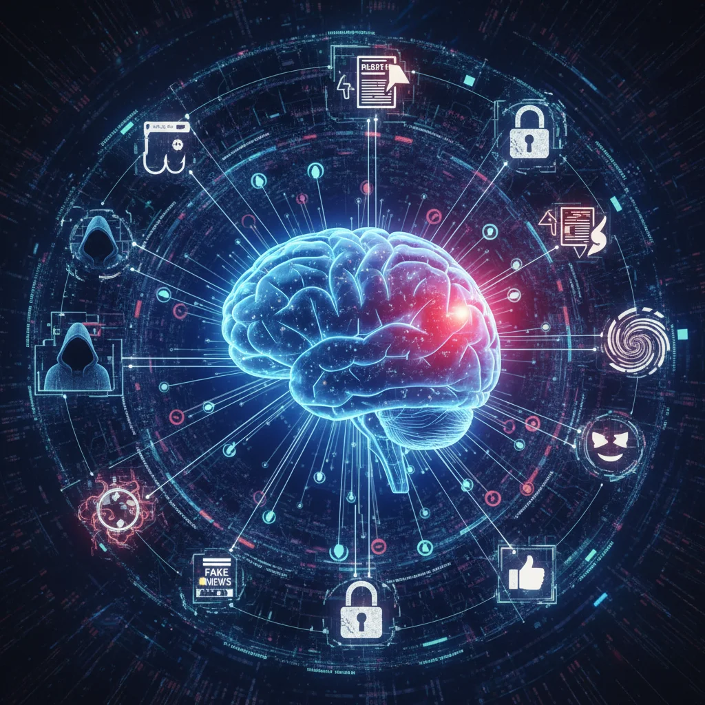 Représentation conceptuelle d'un cerveau humain ciblé par des menaces numériques, illustrant l'ingénierie sociale avancée.