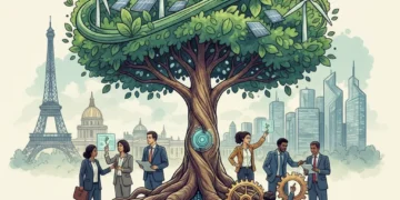 Illustration de l'innovation durable en France avec des éléments naturels et technologiques, symbolisant une croissance équilibrée pour 2026.