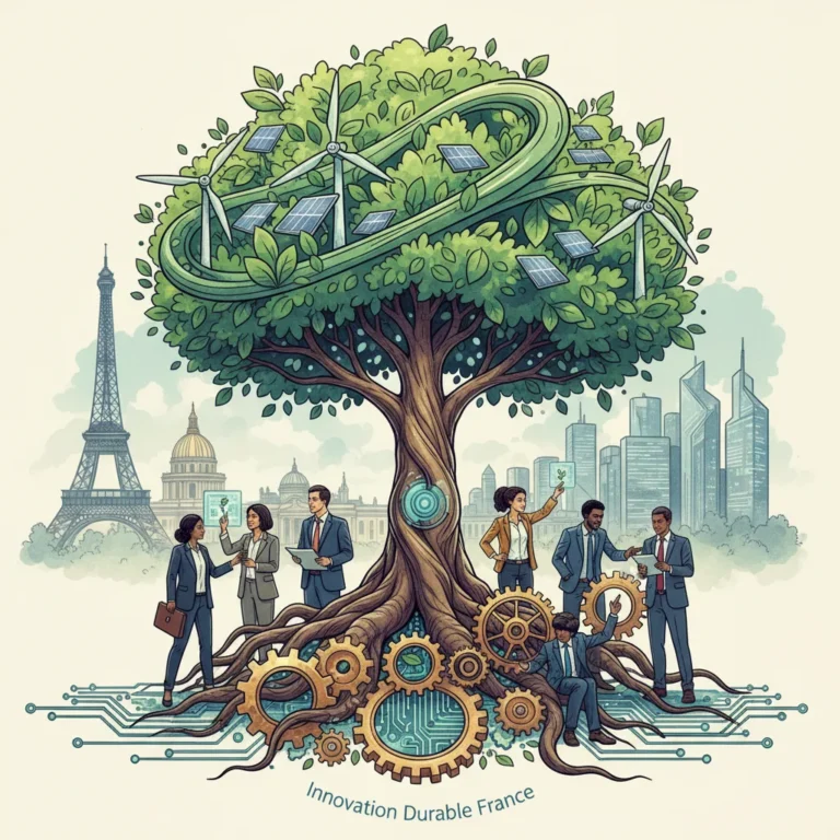 Illustration de l'innovation durable en France avec des éléments naturels et technologiques, symbolisant une croissance équilibrée pour 2026.