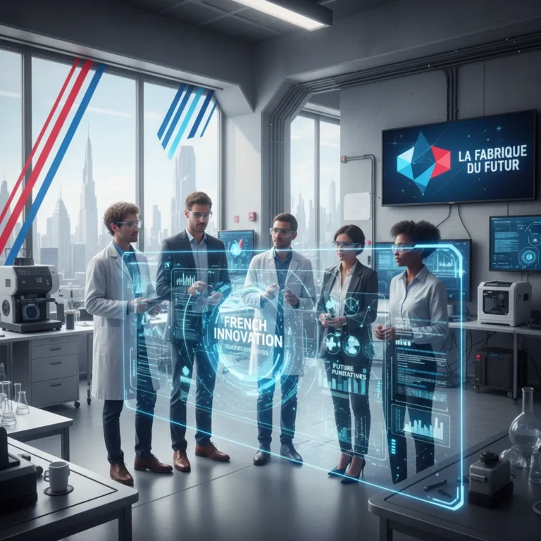 Innovateurs français collaborant autour d'un projet futuriste, symbolisant les nouvelles opportunités de financement en France.