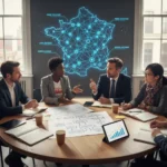 Professionnels collaborant autour d'une table, symbolisant l'innovation ouverte en France