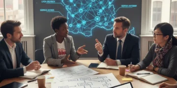 Professionnels collaborant autour d'une table, symbolisant l'innovation ouverte en France