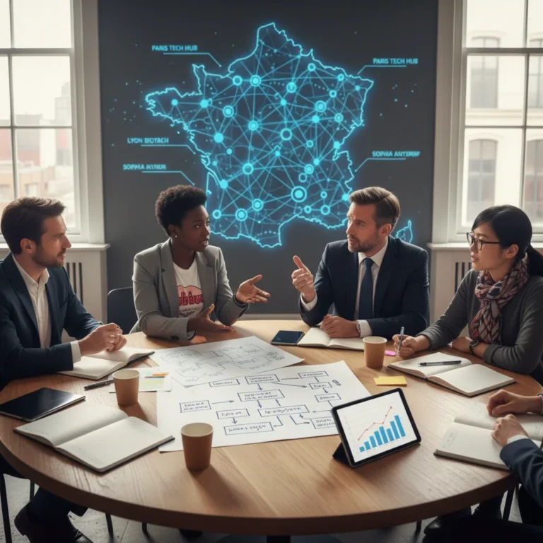 Professionnels collaborant autour d'une table, symbolisant l'innovation ouverte en France