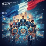 Illustration dynamique de l'innovation ouverte en France avec des éléments technologiques et collaboratifs pour 2026.