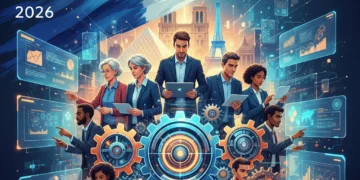 Illustration dynamique de l'innovation ouverte en France avec des éléments technologiques et collaboratifs pour 2026.