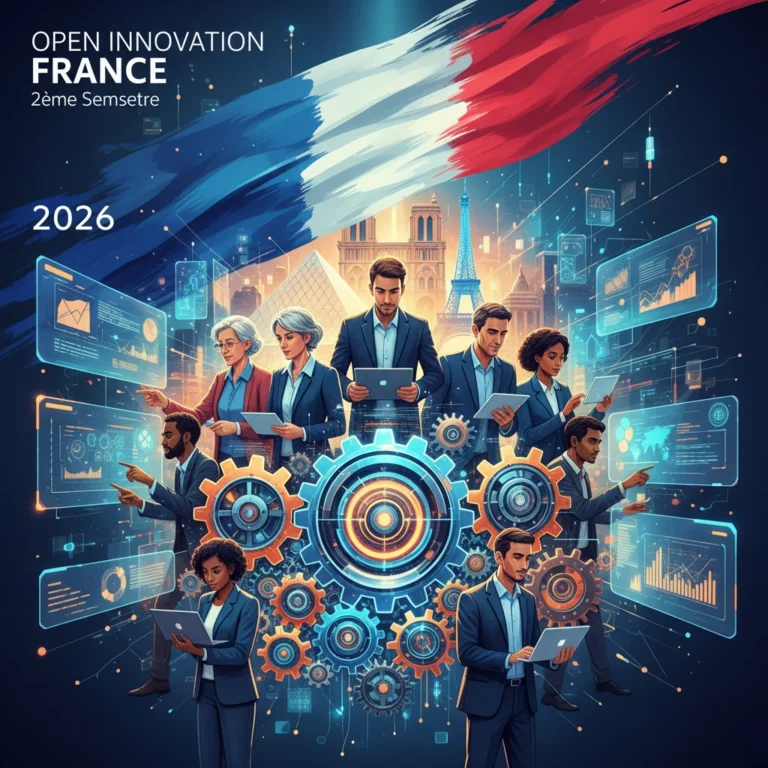 Illustration dynamique de l'innovation ouverte en France avec des éléments technologiques et collaboratifs pour 2026.