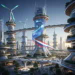 Illustration d'une ville futuriste et durable, symbolisant l'innovation responsable et l'éthique d'entreprise en France.