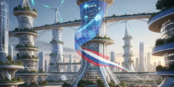 Illustration d'une ville futuriste et durable, symbolisant l'innovation responsable et l'éthique d'entreprise en France.