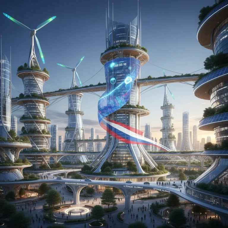 Illustration d'une ville futuriste et durable, symbolisant l'innovation responsable et l'éthique d'entreprise en France.
