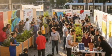Groupe diversifié collaborant sur un projet d'innovation sociale en France, symbolisant l'unité et le progrès.