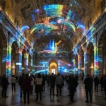 Installation d'art numérique immersive dans un lieu historique français, mélangeant tradition et technologie futuriste.