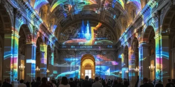 Installation d'art numérique immersive dans un lieu historique français, mélangeant tradition et technologie futuriste.