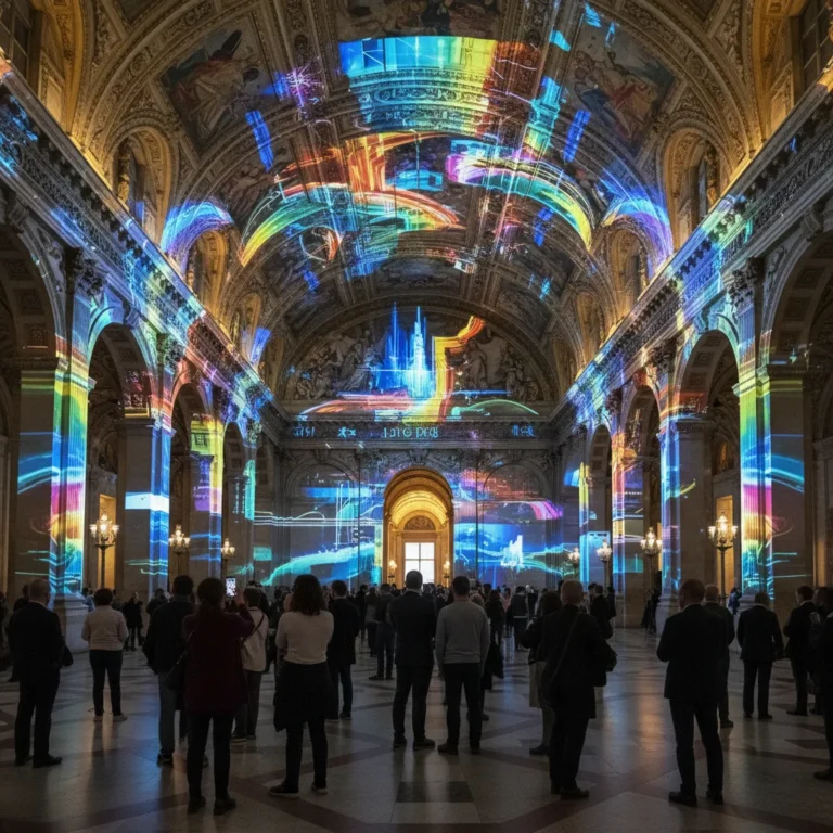 Installation d'art numérique immersive dans un lieu historique français, mélangeant tradition et technologie futuriste.