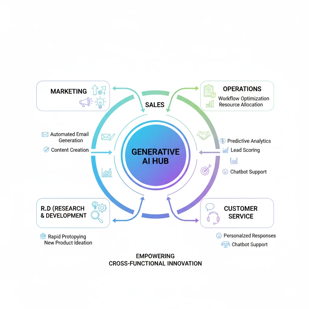 Infographie illustrant l'intégration de l'IA générative dans différents départements d'une PME pour améliorer l'efficacité opérationnelle.