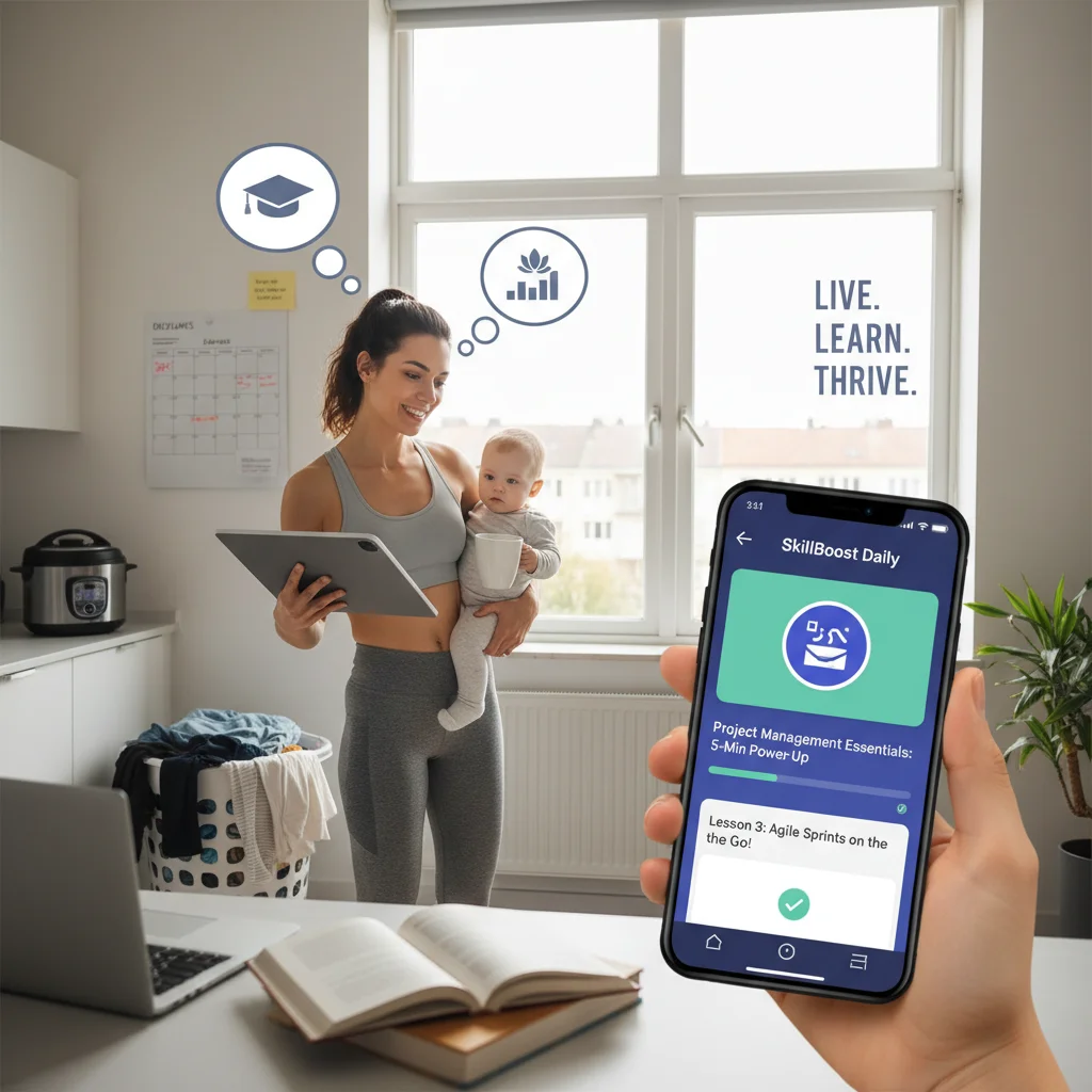 Personne gérant plusieurs tâches avec une application de micro-apprentissage sur smartphone.