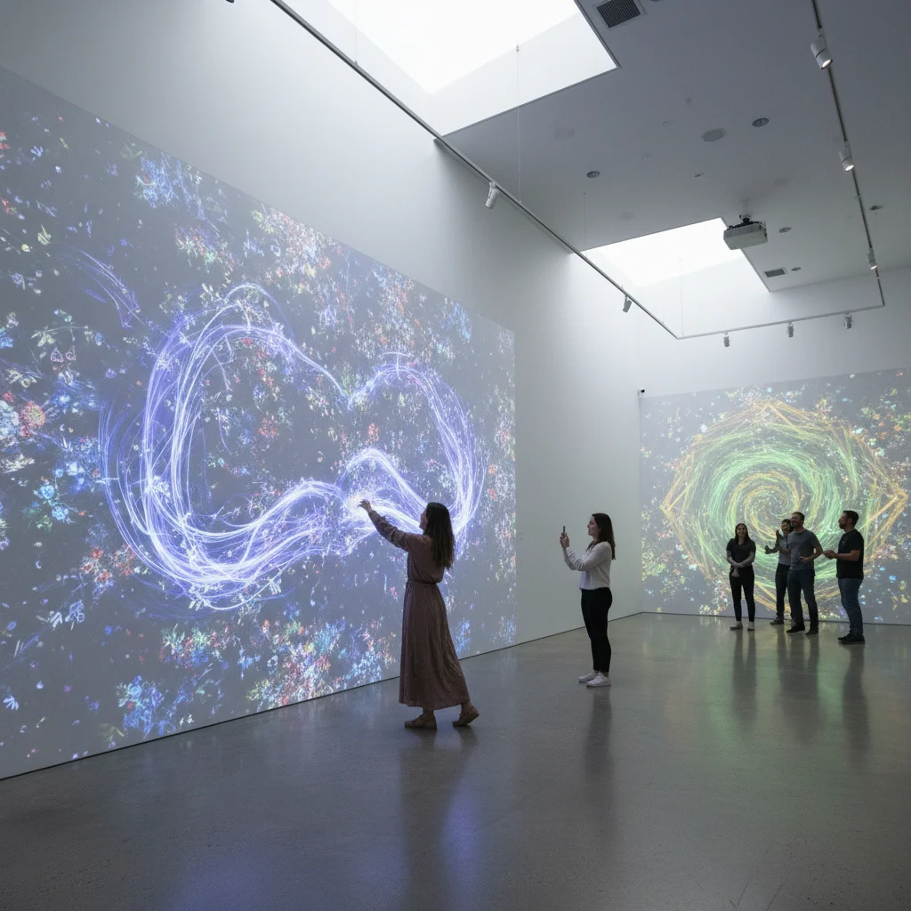Personne interagissant avec une œuvre d'art numérique interactive sur une plateforme innovante.