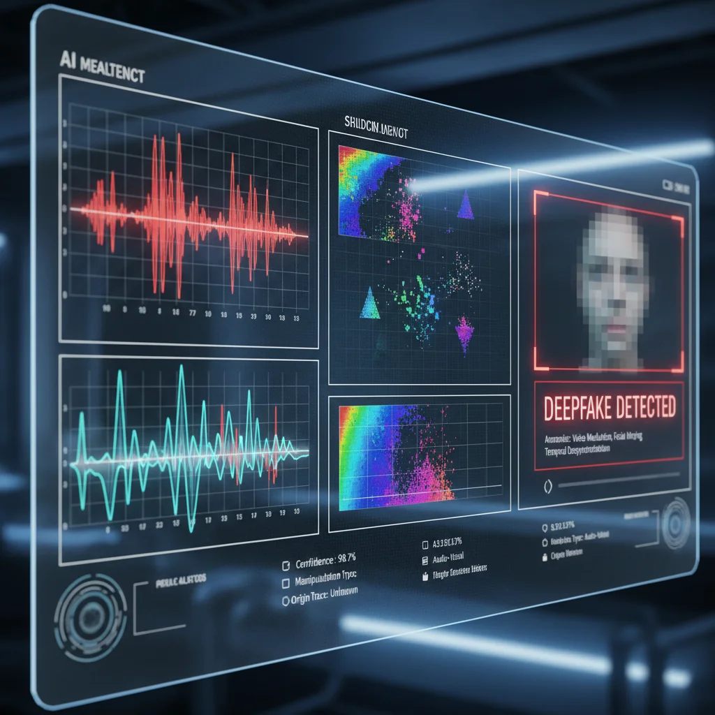 Interface logicielle d'IA détectant un deepfake, montrant des analyses visuelles et sonores de manipulation médiatique.