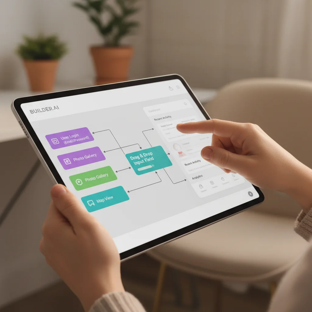 Mains d'utilisateur interagissant avec une interface de plateforme no-code, illustrant la facilité de création.