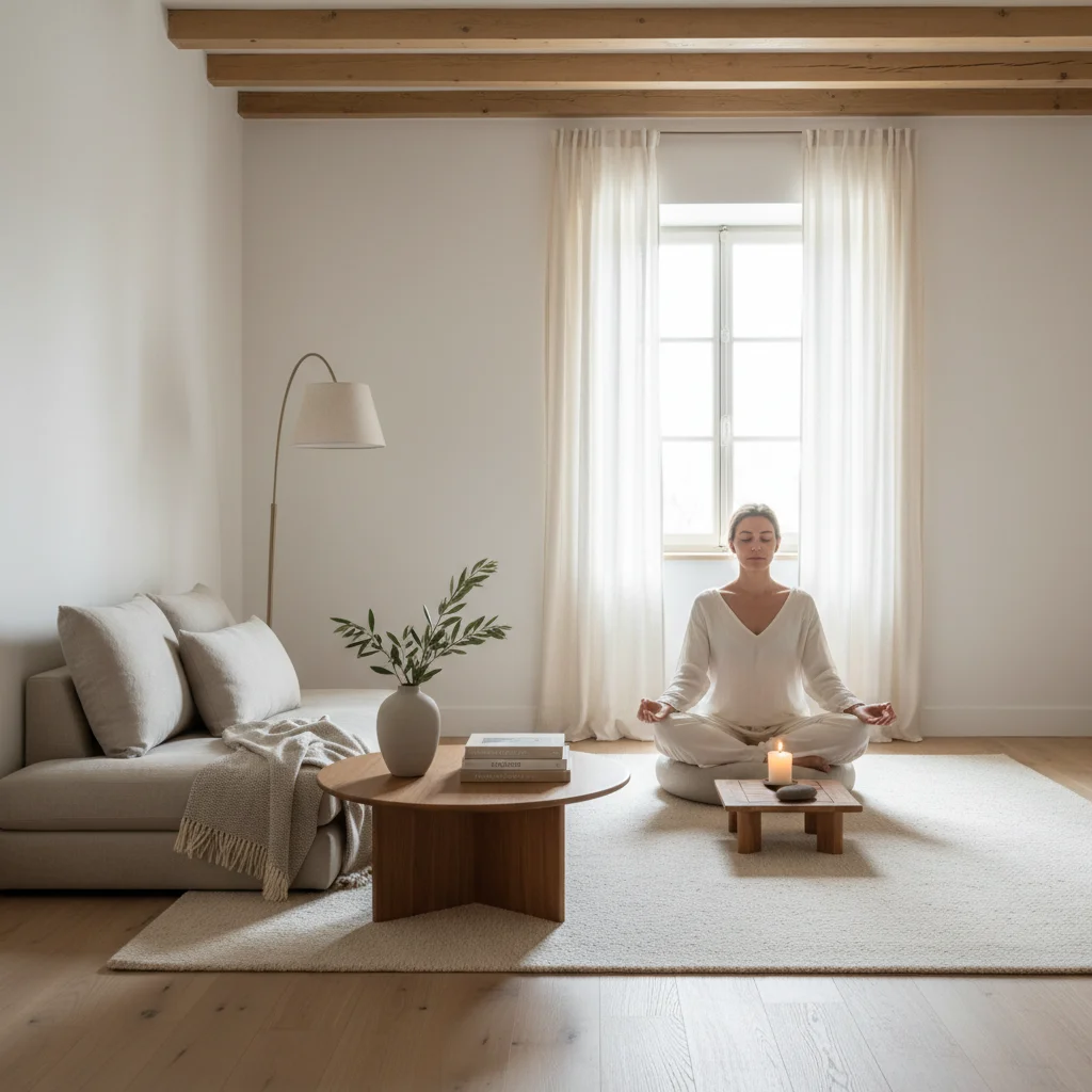Intérieur minimaliste et chaleureux d'une maison française, propice à la méditation et au bien-être.