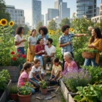 Groupe diversifié souriant dans un jardin communautaire urbain en France, symbolisant le lien social et la lutte contre la solitude.