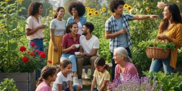 Groupe diversifié souriant dans un jardin communautaire urbain en France, symbolisant le lien social et la lutte contre la solitude.