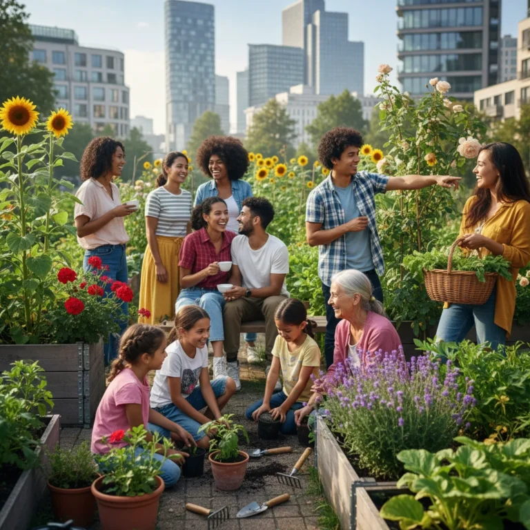 Groupe diversifié souriant dans un jardin communautaire urbain en France, symbolisant le lien social et la lutte contre la solitude.