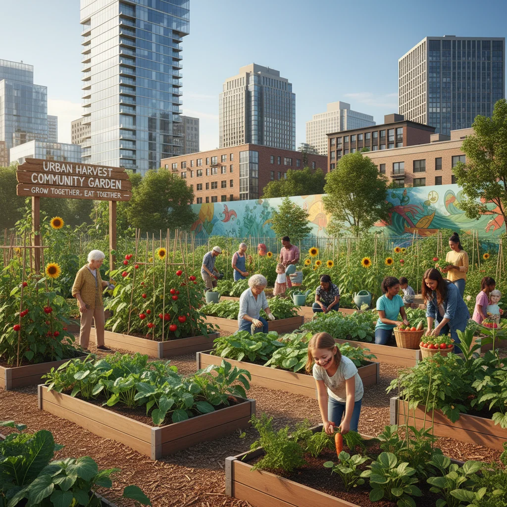 Jardin communautaire urbain florissant, cultivé par des habitants de tous âges, illustrant l'autosuffisance alimentaire et le lien social.