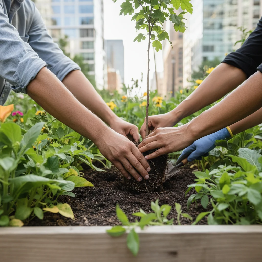 Mains plantant un arbre dans un jardin urbain, illustrant l'engagement environnemental et communautaire.