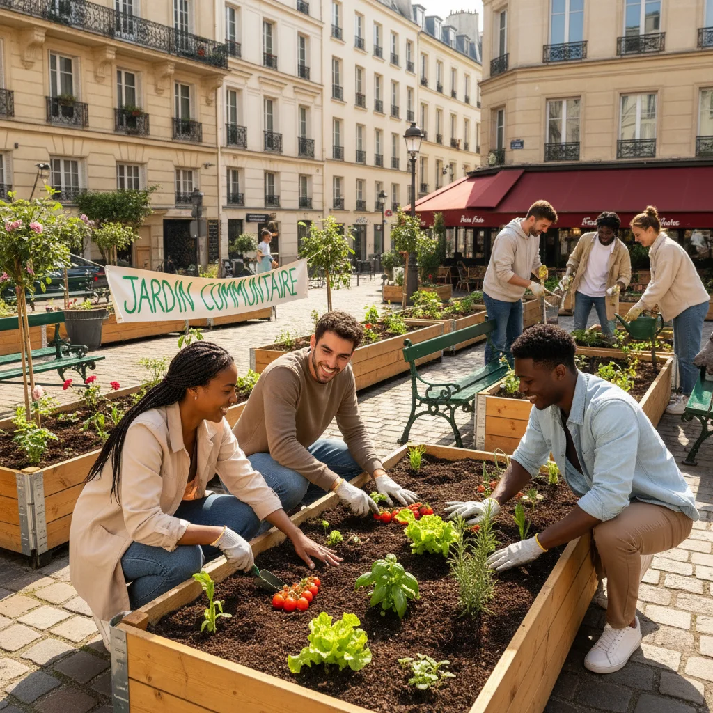 Jeunes urbains engagés dans un projet de jardinage communautaire en ville, symbolisant le retour à la nature.
