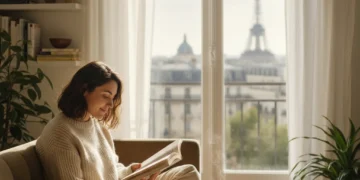 Jeune femme urbaine pratiquant le slow living dans son appartement parisien, lisant sereinement.