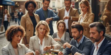 Adultes français intégrant le jeûne intermittent dans leur quotidien, mélange de tradition et modernité.