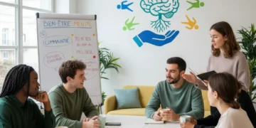 Jeunes adultes français souriants et engagés, symbolisant le soutien et la résilience en matière de santé mentale.