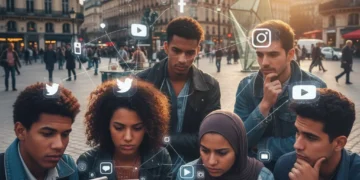 Jeunes français avec smartphones, icônes de réseaux sociaux en fond, symbolisant l'influence numérique.