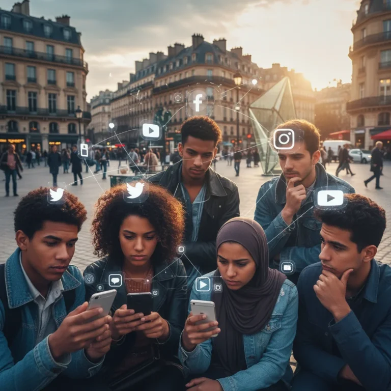 Jeunes français avec smartphones, icônes de réseaux sociaux en fond, symbolisant l'influence numérique.