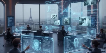 Journalistes français utilisant des outils d'IA avancés pour détecter des deepfakes en 2026 dans un environnement médiatique futuriste.