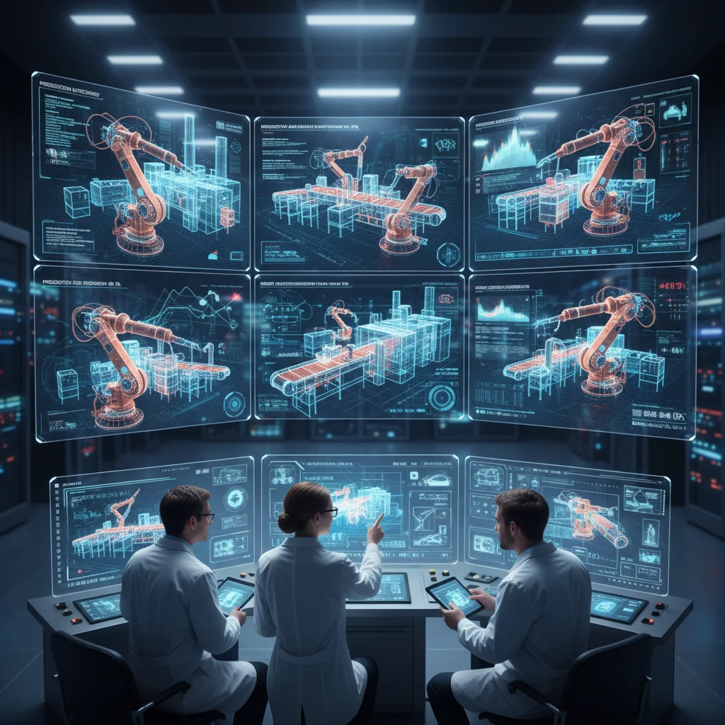 Modèle 3D détaillé d'une usine en jumeau numérique, analysé par des ingénieurs dans une salle de contrôle.