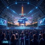 Scène de lancement de produit innovant en France en 2026, avec foule enthousiaste et technologie futuriste.
